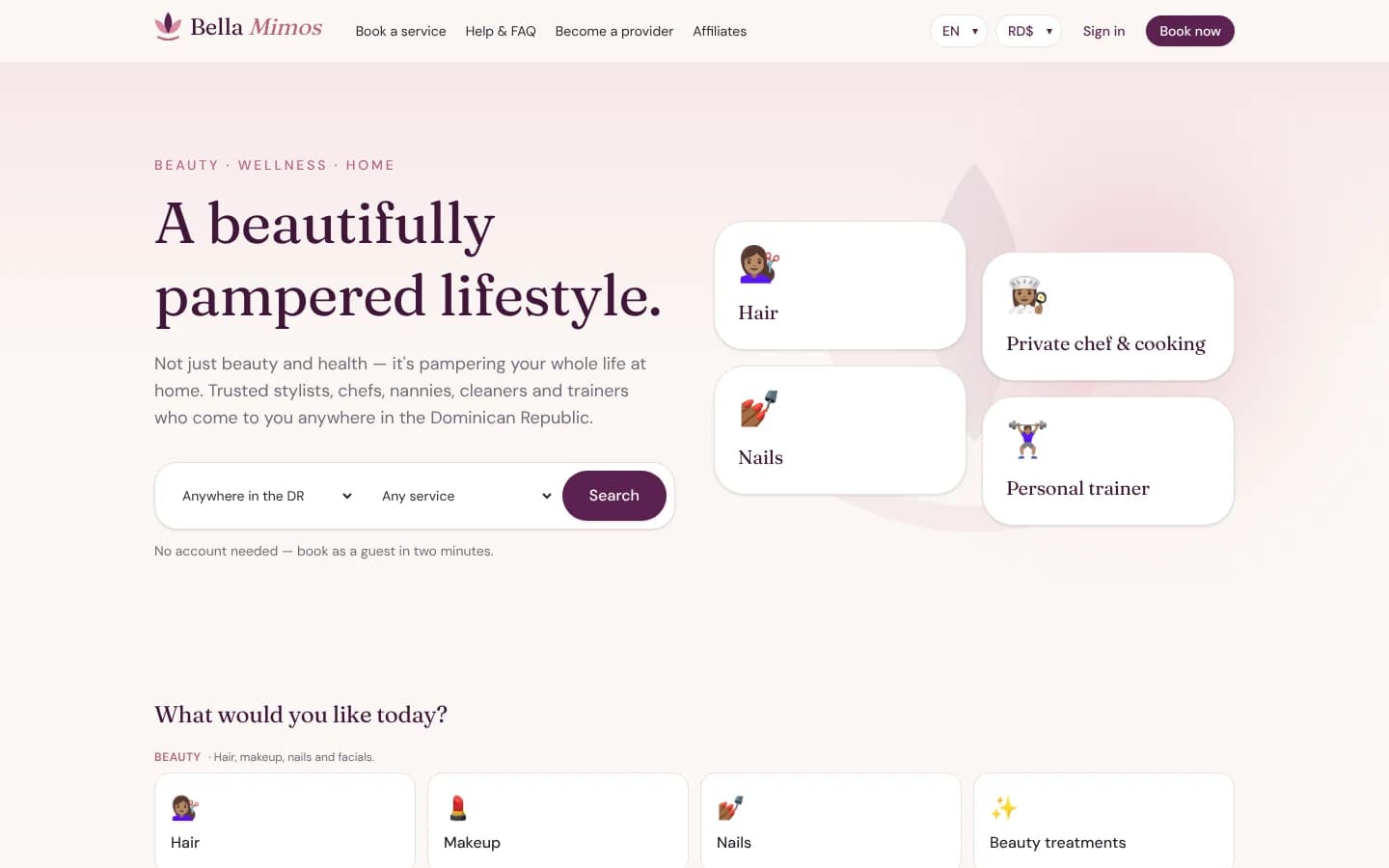 Bella Mimos home page: "A beautifully pampered lifestyle" with a location and service search and cards for hair, nails, private chef, and personal trainer.