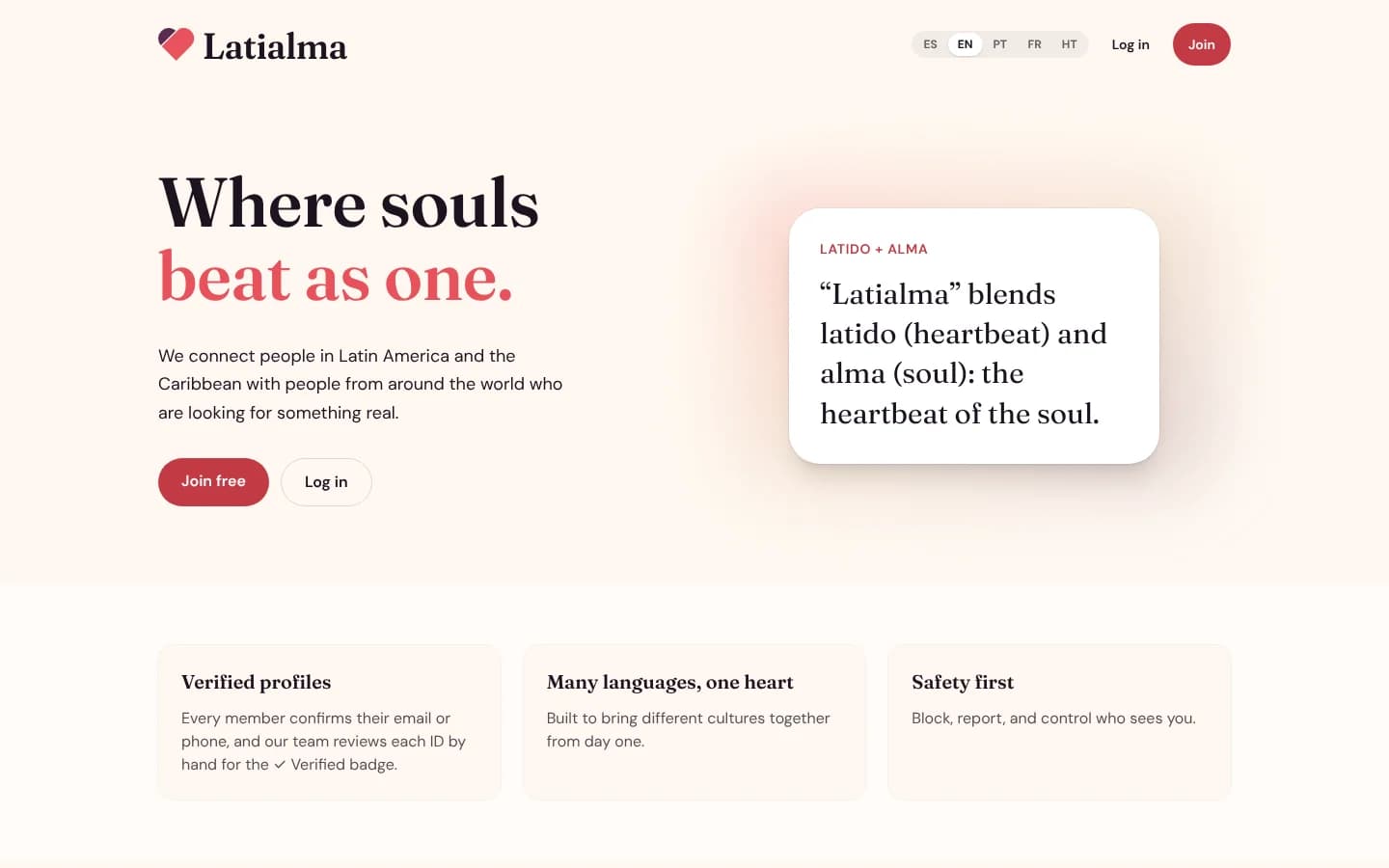 Latialma home page: "Where souls beat as one", with Join free and Log in buttons and a language switcher.